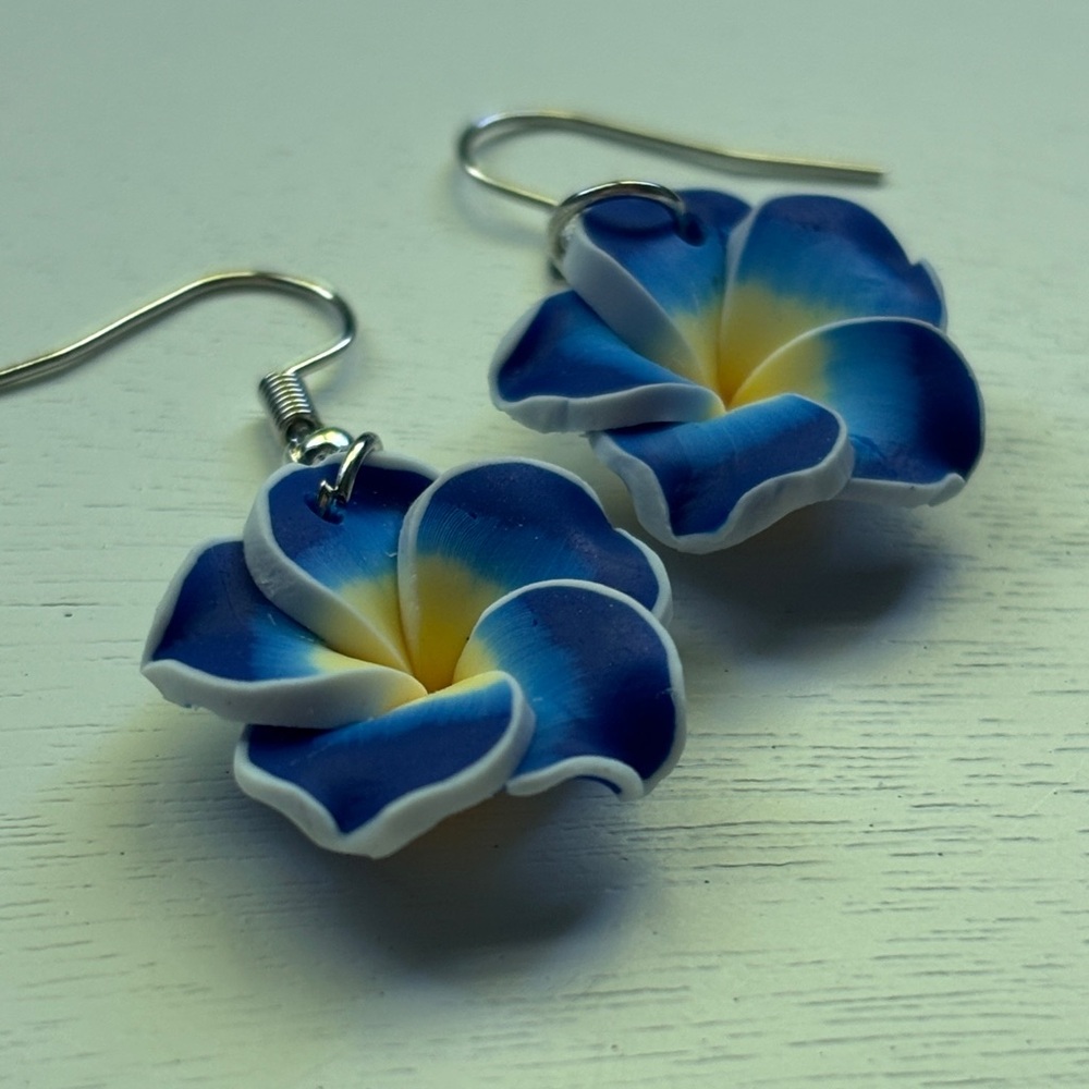 Plumeria Blue and Yellow Flower Earrings - Picture 2 of 4